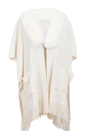 Rayson Poncho Châle Femme Hiver Elégant Pull Cape Poches Poncho Frange Ouvert Chaud Poncho Cape Chaud Tricoté Ponchos Châles,Blanc