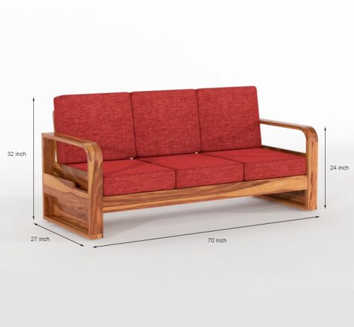 Image of Solid Sheesham Wooden 5 Seater Sofa Set for Living Room | Sofa Set with Side Pocket Storage & Cushion | Rosewood Sofa Set for Home (Honey with Red Cushion, 5 Seater)