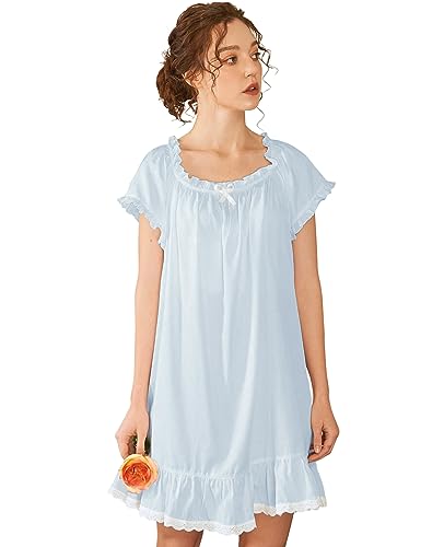 Image of Nanxson Women's Cotton Nightgown Short Sleeve Sleepwear Vintage Nightshirt | Summer Victorian Sleepdress,White Sleepshirt,U Neck Lace Loungewear,Soft Nightshirt,Loose Loungedress,Bride Nightwear