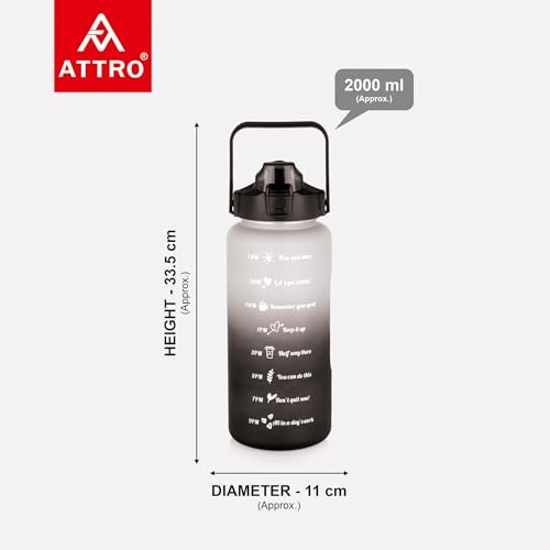 Image of ATTRO Motivational 2 Liter Quotes & Time Marker Dual Colour Sports Bottle With Easy to Carry Handle & Straw BPA Free, Leak Proof for Gym, Office, Workout- Black Grey, Plastic