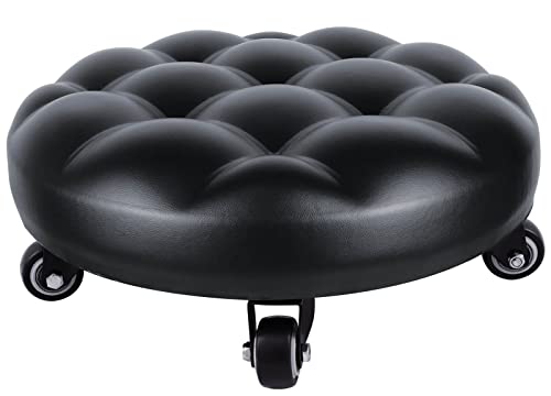 IMMER LIEBEN Rolling Stool Low to Ground Roller Seat with 5 Universal Swivel Caster Wheels for Home Office or Fitness Sport or Garage Shop PU Leather High Density Cushion and Steel Black