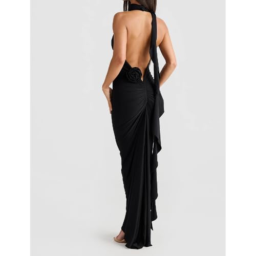 Women Sexy Backless Dress Halter Deep V Neck Detachable Flower Sleeveless Open Back Maxi Dress Cocktail Prom Formal Dresses3