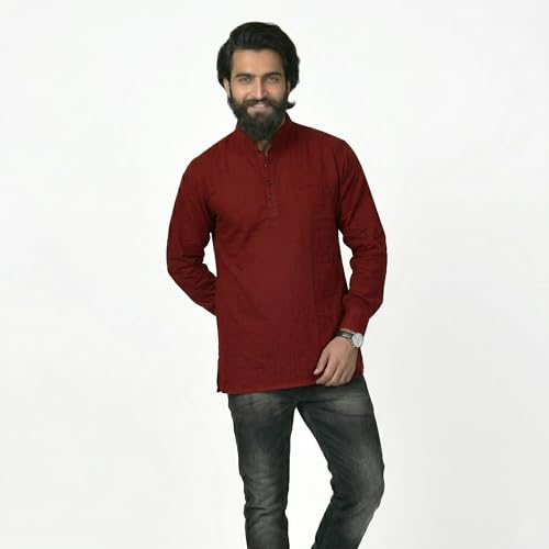 Image of Men's Cotton Regular Short Kurta | Casual & Ethnic Wear with Long Sleeve