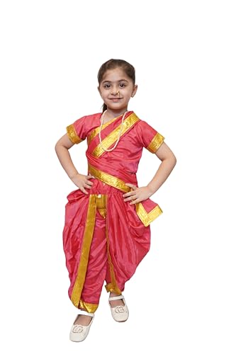 Kaku Fancy Dresses Silk & Polyester Marathi Farmer Girl Lavni Folk Dance Farmer Costume Saree With Jewellery For Kids - Magenta, 3-4 Years