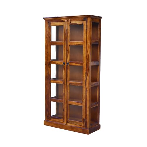 Image of SONA ART & CRAFTS Sheesham Wooden Crockery Cabinet with Glass Door | Solid Wood Multipurpose Storage Cabinets for Living Room Home & Kitchen | Book Shelf Wooden - Natural Finish