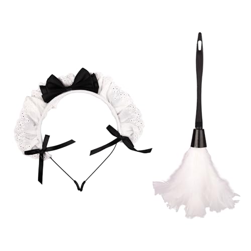 MEISH Confezione da 2 accessori per cameriera francese, fascia in pizzo increspato con piume, spolverino Lolita, fascia per donne e ragazze, decorazione per feste di Halloween, bianco, Taglia unica