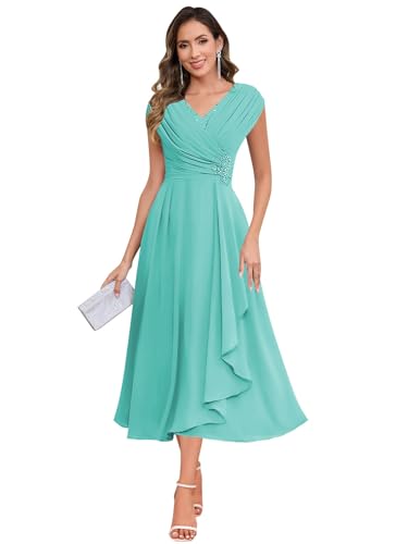 Image of SOLODISH Mother of the Bride Dresses for Wedding Tea Length Chiffon A Line Formal Wedding Guest Party Gown