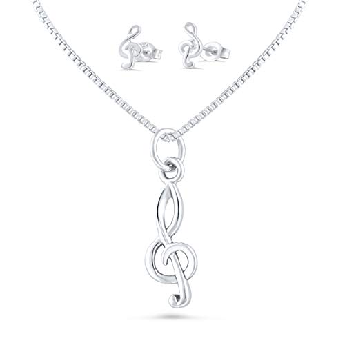 SILVERCLOSEOUT Sterling Silver Treble Clef Music Note Necklace Set with Adjustable 16 to 18 Inch Italian Sterling Silver Box Chain and Matching Music Note Earrings