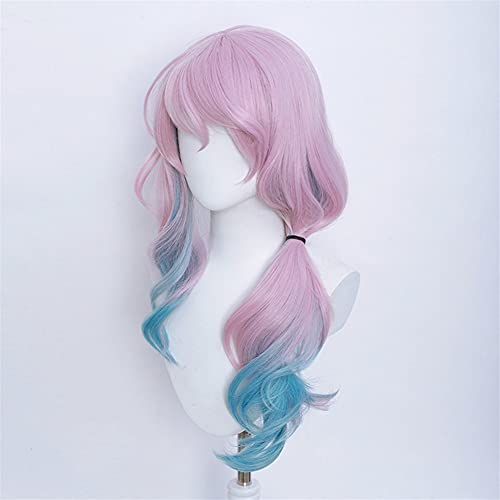 Peruca de cabelo encaracolado azul gradiente rosa | Harajuku Lolita Fairy 60 cm de comprimento cabel