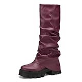 Tasteall Fold Over Platform Boots for Women, Knee High Shark Boots Round Toe Pleated Slouchy Boot Shoes for Casual Burgundy Size 8