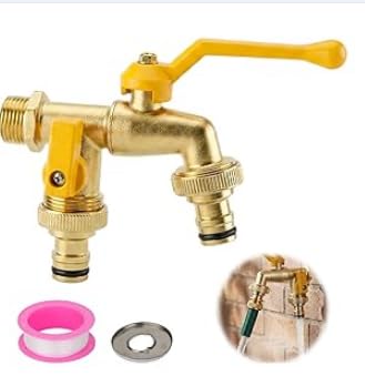 Double Garden Tap 1/2 Inch Brass Outside Tap with Two 3/4 Inch Outlets Dual Ball Valve Outdoor Water Tap for Garden Hose Washing Machine Frost and Rust Resistant