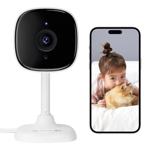 Image of AMOROM Indoor Camera for Home Security, 3MP Pet Cameras with Night Vision, Motion Detection, Privacy Mode, 2-Way Audio, Compatible with Alexa/Google Assistant, 2.4GHz WiFi, 1 Pack
