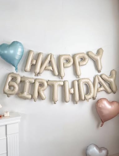 Image of Cream Happy Birthday Balloon Banner, 16 Inch Cream White Happy Birthday Foil Balloons, Neutral Beige Letter Balloons Sign for Women and Girls, HBD Party Decorations, Photo Backdrop Supplies