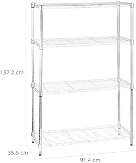 Amazon Basics 4-Tier Steel Rack, Shelf, Metal Rack, Load Capacity 1400 lbs (635 kg), Width 36.0 x Depth 14.0 x Height 54.0 inches (91.4 x 35.6 x 137.2 cm), Chrome