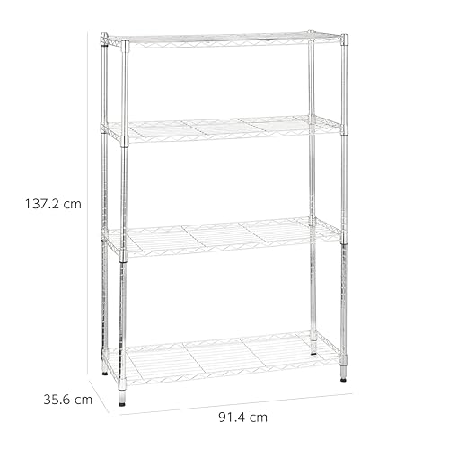 Amazon Basics 4-Tier Steel Rack, Shelf, Metal Rack, Load Capacity 1400 lbs (635 kg), Width 36.0 x Depth 14.0 x Height 54.0 inches (91.4 x 35.6 x 137.2 cm), Chrome