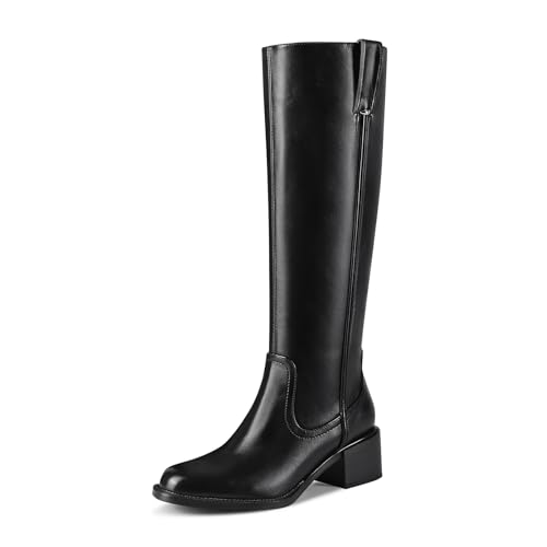 Knee High Boots for Women Chunky Heel Round Toe Leather Patent Boots Low Block Heel Tall Boots With Side Zipper