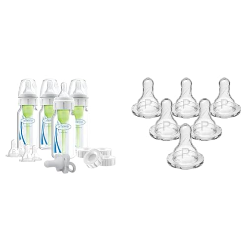 Dr. Brown's Anti-Colic Breast to Bottle Feeding Set with Slow Flow Nipples & Natural Flow Preemie Flow Narrow Baby Bottle Silicone Nipple
