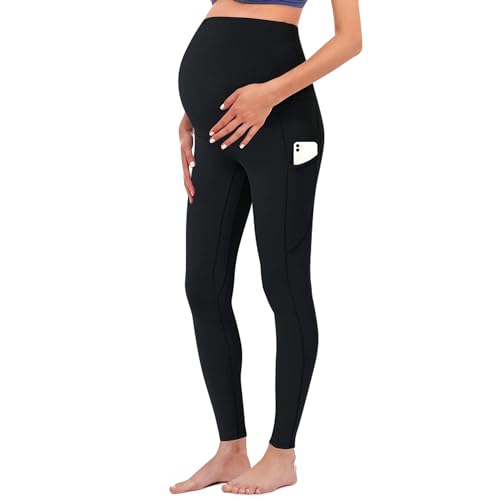 beifon Leggings de maternidad para mujer con bolsillos, cintura alta, opacos, pantalones largos, para embarazo, para el hogar, yoga, deporte, Negro , M