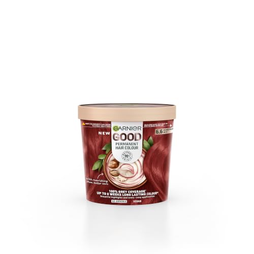 Garnier GOOD Permanent Vibrant Hair Colour Dye Kit, 6.6 Pomegranate Red | 90% Natural Origin, No Ammonia, Enriched With Nourishing Shea Butter, 8 Weeks Long-Lasting Colour, Vegan Formula