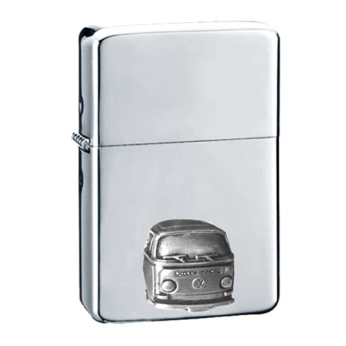 Briquet à essence coupe-vent rechargeable argenté motif camping-car