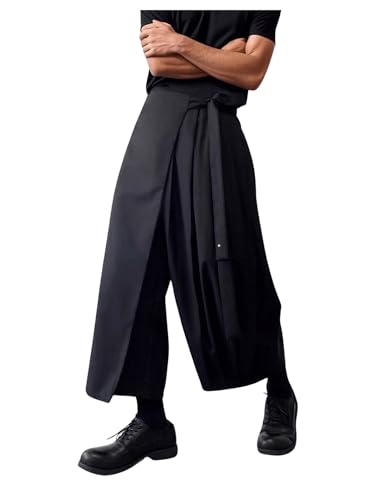 OYOANGLE Men's Skirt Pants Tie Waisted Wide Leg Cropped