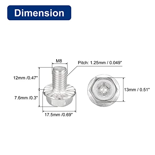 Image of uxcell M8x12mm Phillips Hex Head Flange Bolts, 5pcs 304 Stainless Steel Hexagon Phillips Flange Head Hex Bolts Machine Screws