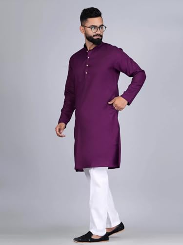 Image of Pinkmint Kurta for Men Cotton Mandarin Collar Long Sleeve Soild Traditional Kurta Festival Kurta