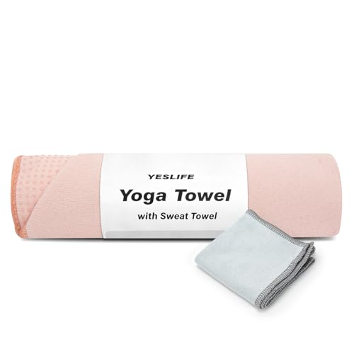 YESLIFE Non-Slip Extra Thick Hot Yoga Towel with One Sweat Towel, Microfiber Sweat Absorbent Yoga Mat Towel with Grip Dot, Pilates Mat, 72' x 24', Pink