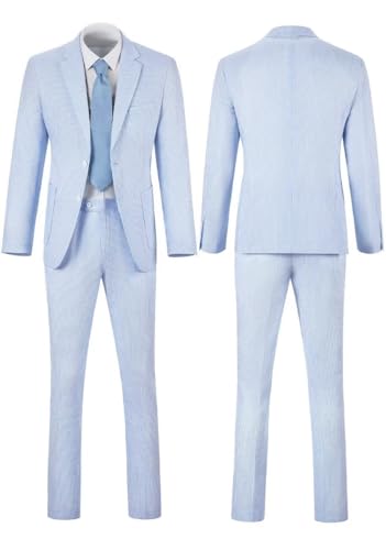 Blue Seersucker Suits 2 Piece Casual Summer Beach Men Suits Wedding Grooms Jacket Pants Striped Suit Set4