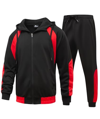 Little Beauty Men's Tracksuits Casual Sweat Track Suits Full Zip 2 Pieces Sweatsuits Long Sleeve Jogging Workout Sports Set Red Black,XL