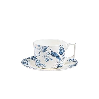 fanquare 9oz Bone China Tea Cup and Saucer Set for 1, Blue and White Coffee Cup with Plate Set, British Floral Porcelain Tea Cup for Women