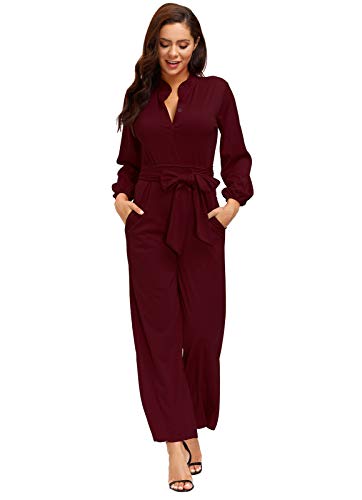 Ophestin Womens Long Sleeve Jumpsuit for Work Wide Leg Pants Rompers with Belt Burgundy Size 2XL