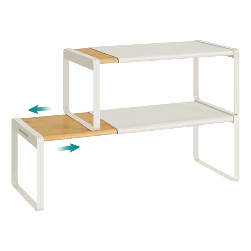 SONGMICS HOME Spice Racks, Expandable Cupboard Shelf Orgnizers, Kitchen Counter Shelves, Bamboo and Metal, Space-Saving Shelving, Stackable, Light Bamboo and Cream White UKCS051N01 by SONGMICS HOME - Used condition - US$25.83