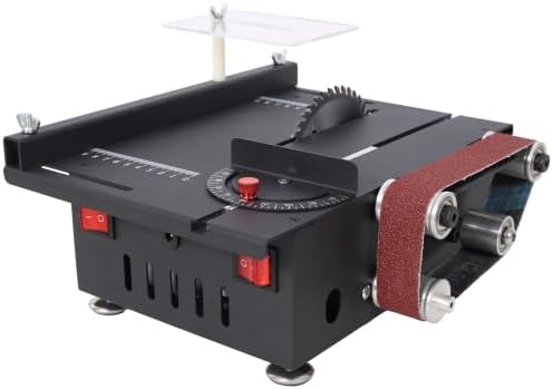 【LuckyNote】Mini Table Saw,Belt Sander,4pcs Blades,10pcs Sanding Blet,7 Gear Adjustable 0-90° Angle, Available for Wood/PCB/Acrylic/Plastic,DIY Model Crafts Cutting Tool,10x11.5x4 Inches