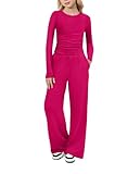 Arshiner Girls' fashion 2 Piece Outfits Lounge Sets Ruched Long Sleeve Top Wide Leg Pants Clothing Sets Rose Red 12-13 Years