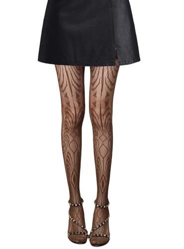 Image of Mrotrida Women's Dark Punk Patterned Fishnet Tights Sexy Elastic Hollow Pantyhose Leggings Fire Mesh Stockings (Coffee-A)