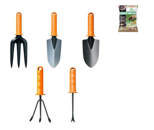 Image of NATURAL EARTH® Home Gardening Tool Set with Free 1 KG Vermicompost Organic Fertilizer | Durable Big & Small Trowel, Cultivator, Weeder & Garden Fork Ideal for Plants, Pots & Terrace Garden (Set of 5)