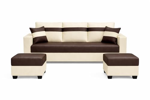 Image of SOCOZI Bastian 5 Seater L Shape Sofa Set with 2 Movable Ottomans | Flexible Layout | Premium Leatherette with Golden Metal Legs |Sofa for Living Room (Dark Brown-Cream)