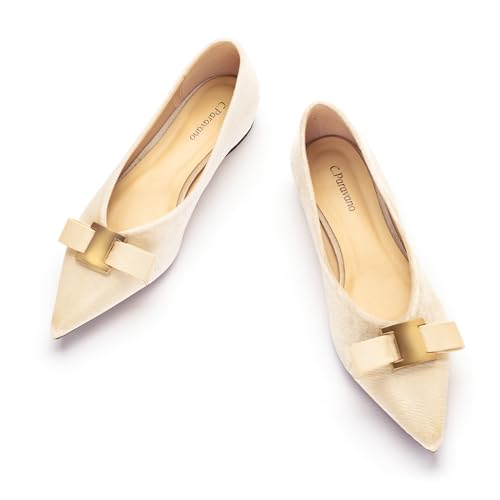 C.Paravano Women's Pointed Toe Ballet Flats with Bow Slip-On Dressy Flats for Women Comfortable Elegant Casual Shoes for Work Part Daily Wear(Beige,Velvet,Size 6.5)