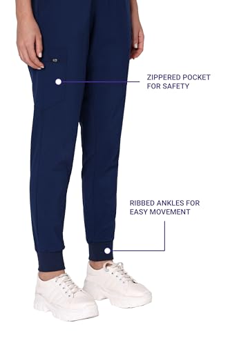 Image of KNYA Ecoflex Women's Align Scrub Suits |8 Pockets | Mandarin Top |Cargo Bottom | 4-way stretch | For Doctors (XS, Navy Blue)