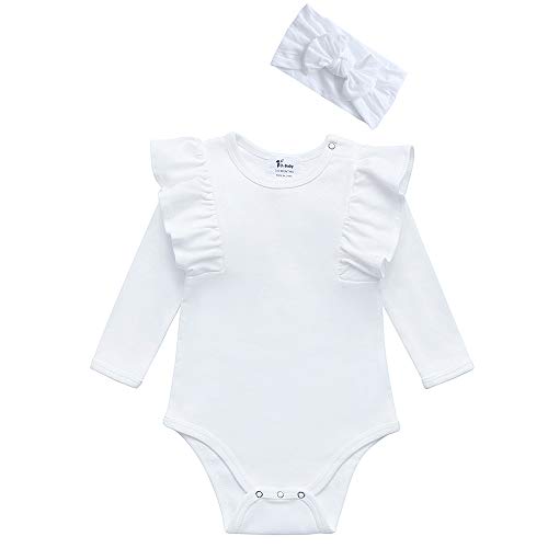 Organic Cotton Baby Girl Ruffle Romper Long Sleeve Bodysuit Jumpsuit with Headband Outfit Set(12-18Months,White)