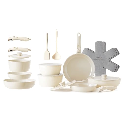 RedChef Ceramic Pots and Pans Set, Nonstick Kitchen Cookware with Detachable Handle, 22pcs, PFAS, PFOA & PTFE Free, RV Ceramic Cookware for Camping, Dishwasher & Oven Safe