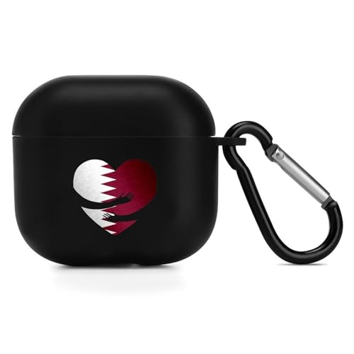 Qatar Qatari Flag Heart Headphone Cases Cover for Compatible with Airpod 4 Case with Hanging Buckle Black