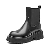 BEAU TODAY Platform Chelsea Boots for Women, Chunky Genuine Leather Elastic Ankle Boots for Women, Fashion Fall boots with Round Toe, Comfortable Slip-on Winter Combat Boots Black US 7