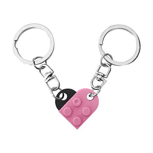 Heart Brick Keychain for Couple Matching Assembled Heart Shape Brick Charm Keyring for Women Men Valentines Day Jewelry-black pink