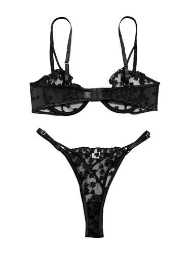 Image of Lilosy Sexy Underwire Cute Push Up Strappy Embroidered Mesh Sheer Lingerie Set See Through Panty Bra