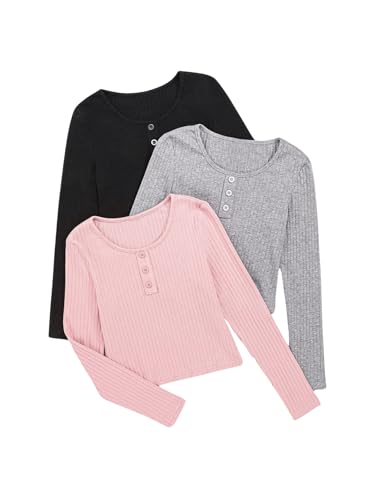 Image of OYOANGLE Girl's 3 Packs Button Front Crew Neck Long Sleeve T-Shirt Ribbed Knit Basic Tee Tops