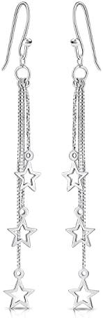 DTPSilver - 925 Sterling Silver Rodium Plated Triple Stars and Chains Dangling Earrings