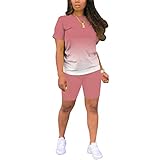 Nimsruc Two Piece Outfits For Women Summer Short Sleeve Sweatsuits Jogger Sets For Women 2 Piece Track Suits Gradient Pink L