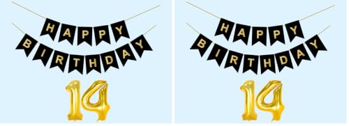 Image of 14th Happy Birthday Decoration Kit Black for 14 year Old Boys Girls Teenage with Number FourteenParty Decorations Decor Celebration Items Item Set Combo Reusable Paper Banner